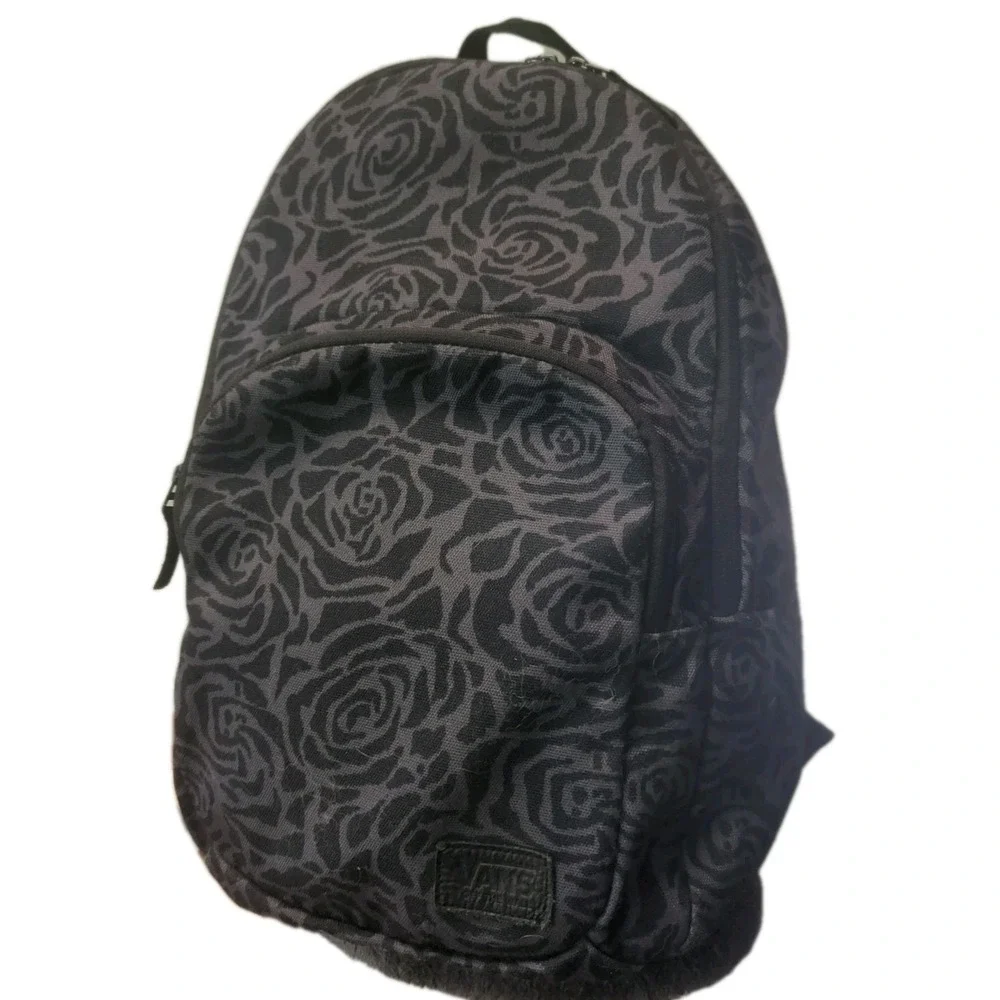 Vans Backpack Black Gray Floral Rose Print School Travel Daypack